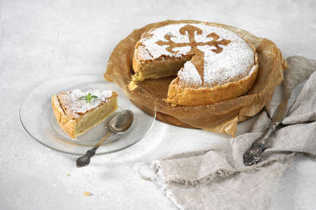 tarta de santiago and peace, spanish almond cake, top view, copy space