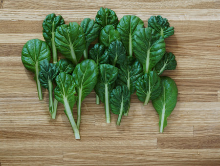 Vegetable, Delicious Fresh Green Bok Choy, Pok Choi or Pak Choi on Wooden Table in the middle