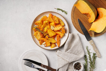 Slices of baked pumpkin in white ceramic bowl on light table, closeup, selective focus. Vegetable dish, vegan diet, healthy food. copy space, top viewの写真素材