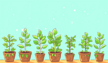 Flower, plants in the pots on green background. Gardening concept. Cartoon style. Copy spaceの素材