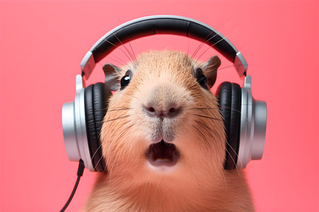 funny picture of capybara with headphones on pink backgroundの素材