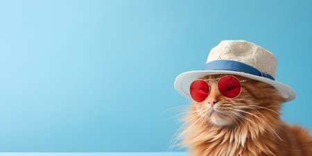 Red cat Maine Coon in sunglasses and hat on blue background, copy spaceの素材