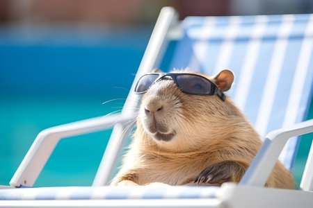 Cute capybara in sunglasses sits and relax in dack chair on nature background, copy spaceの素材