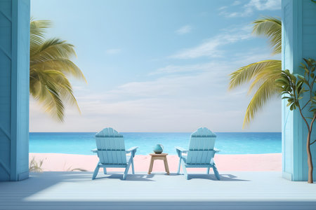 Relaxation on a beach concept. Two deck chairs on seashore, ocean sands in summer.Copy space.の素材