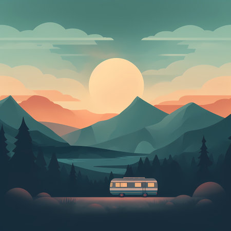 Camper in the forest between mountines with beautiful sunset. travel conceptの素材