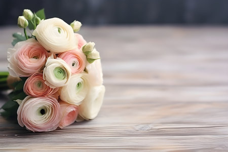 Studio shot of beautiful bouquet of pale pink ranunculus flowers on the wooden table. copy space.の素材