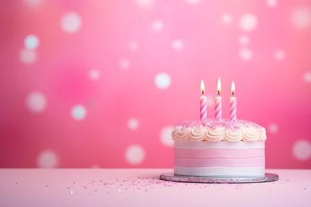 Birthday pink cake, decorated with candles on a pink background. Place for textの素材