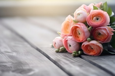 A beautiful bouquet of pale pink ranunculus flowers on the wooden table. copyspace.の素材