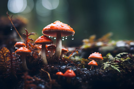 Wet mushrooms in rainy forest.の素材