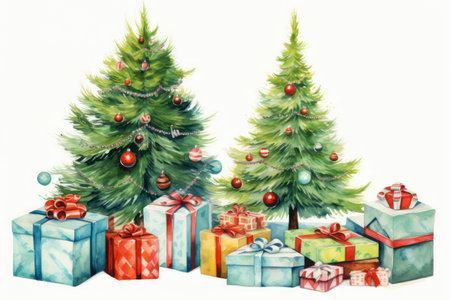 Two Christmas trees with decorations and gifts. Christmas and New Year celebration concept. Cartoon style, colorful drawingの素材