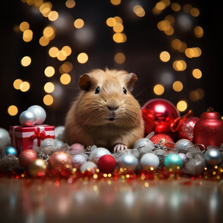 Hamster on the Christmas toys against the background of garlands. New Years concept.の素材