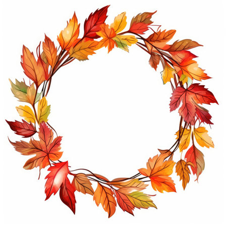 hand drawn circle frame from autumn leaves, fall vibe round border, drawing cosy seasonal imageの素材