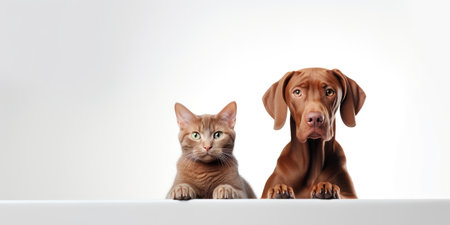 Two pets. Hungarian vizsla dog and red kitty on white background. Banner design.の素材