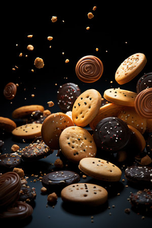 Cookies with flying choco chips on dark backgroundの素材