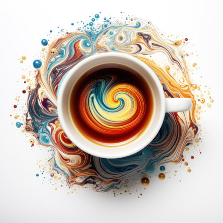 Cup of coffee with color liquid inside and art colors outside isolated on whiteの素材