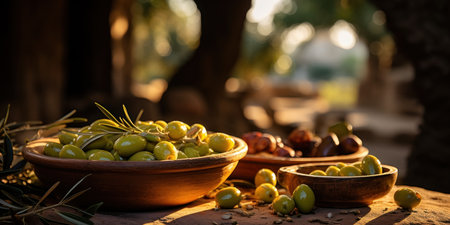 Freshly harvested olives berries in wood bowls . Still life of food preparation served on old wooden tableの素材