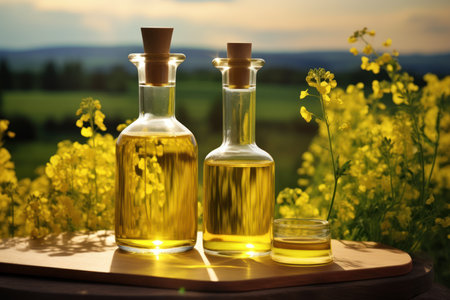 Bottle of rapeseed oil (canola) and rape flowers on table outdoorsの素材