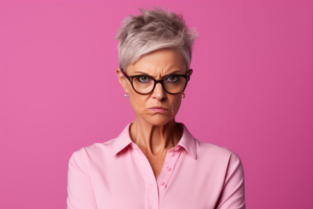 Strict serious angry confident middle aged European blonde lady employee, teacher, professional with glasses on pink studio background. People emotions, problems, skepticの素材