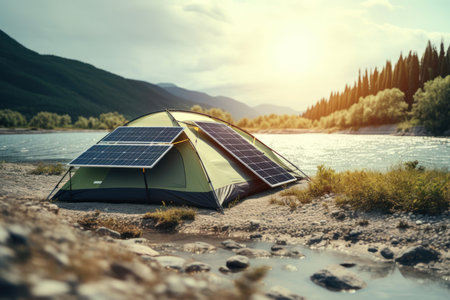 Outdoor solar panel, sunny day, green camping tent and river. Hiking.の素材