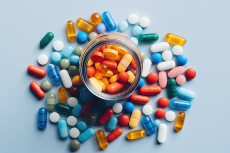 Different pills on blue background, flat lay.の素材