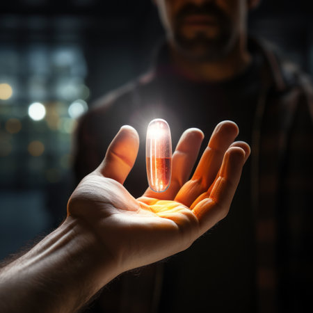 unrecognizable man's hand shows floating in the air and glowing tablet capsule to another man on dark.の素材