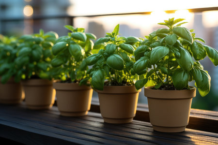 Glay pots with basil on the balcony.の素材