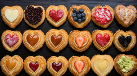 Tasty Puff Pastry Hearts with various fillings, top view, black backgroundの素材