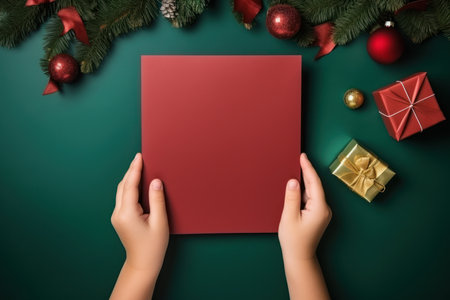 Letter to Santa. Christmas Child Hands Close up writing Xmas Gifts Shopping Wish List over green Table. Background with Fir Tree Branch decorated Christmas Toysの素材