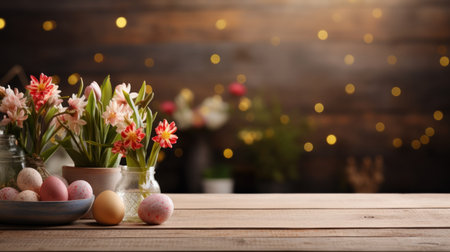Easter flowers and not colored eggs on wooden table with bokeh background, copy spaceの素材