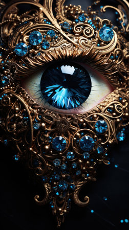 Closeup macro shot of human female eye decorated with beautiful blue patterns. advertisement for a tattoo or makeup salon.の素材