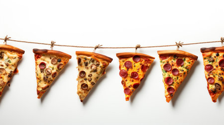 sliced slices of pizza on a white background hung on a ropeの素材