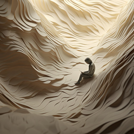 illustration of a human sitting among origami cutting papers, loneliness concept in abstract formの素材
