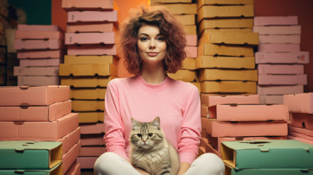 Young beautiful woman sits in the room with a lot of boxes from pizzas with her cat.の素材
