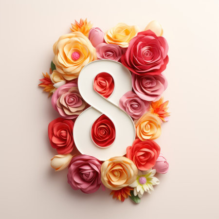 Number 8 with flowers with on bright white background. Minimal Womens day, March 8th or birthday concept.の素材
