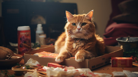 Red cat on the dirty kitchen tableの素材