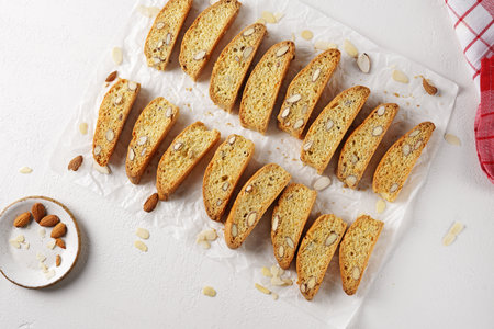 Italian biscotti cookies on baking paper. Top view fresh baked cookies with nutsの写真素材