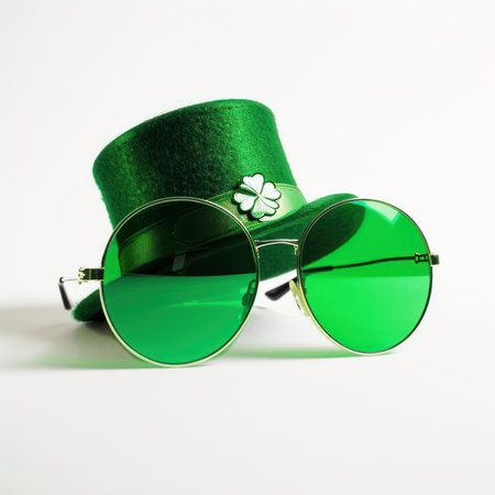 St. Patrick's Day leprechaun hat and green sunglasses isolated on white background.の素材