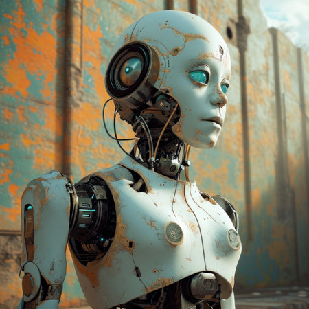 Futuristic robot woman with blue glass eyes and rust on the panels.の素材
