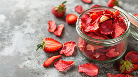 Dried strawberry chips in glass jar. Dietary nutrition. Natural and healthy snack food.の素材