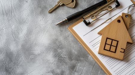 Close-up of wooden house, keys, clipboard and pen.の素材