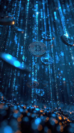 The neon waterfall from Bitcoin with technology binary code. Digital binary data and secure data with number 0 and 1.の素材