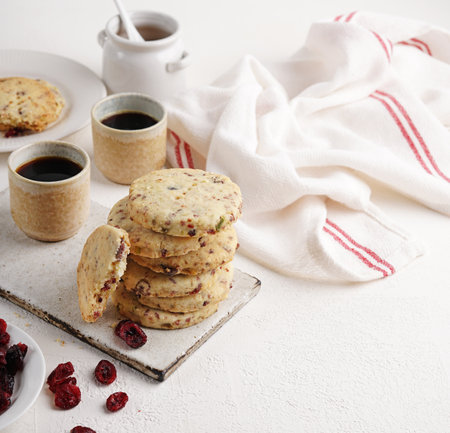 Cranberry shortbread cookies with two cups of coffee on the light table, morning breakfast, copy spaceの写真素材