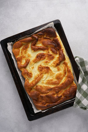 Finnish oven pancake called Pannukakku (similar to a Dutch baby) top view, copy spaceの写真素材