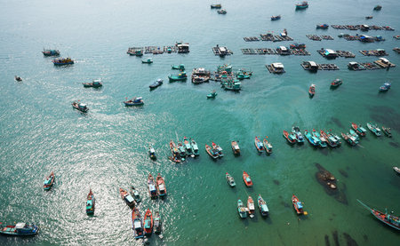 Aerial View from cable car Of Wooden Fishing Boat on sea An in Phu Quoc Island, Vietnam.の写真素材