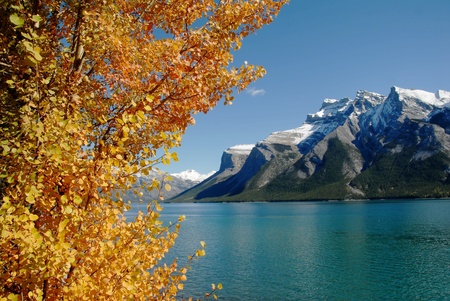 Lake Minnewanka in autumnの写真素材