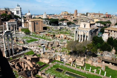 Panoramic View of Foro Romano,Roman Forum, Rome,Italy There are temples,triumphal arch,senate,church and columns の写真素材