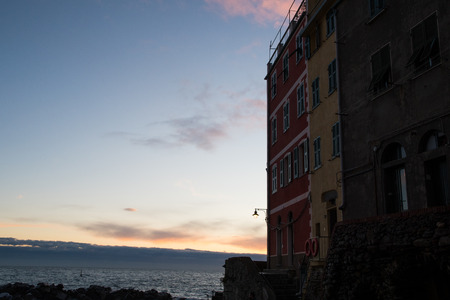 Riomaggiore in the dusk, Cinque Terre (5 Terre), Five village on the Italian Riviera, Liguria, Italyの写真素材