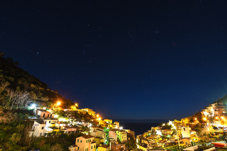 Night view of Riomaggiore village-Cinque Terre (5 Terre), Five village on the Italian Riviera, Liguria, Italyの写真素材