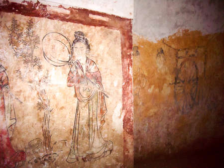 Wall Painting in the Tomb of Crown Prince Yide, or Li Chongrun, Son of Emperor Zhongzong in Tang Dynasty in Xi'an, Chinaのeditorial素材