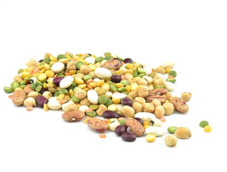 mixed dried grain legumes isolated on white backgroundの写真素材